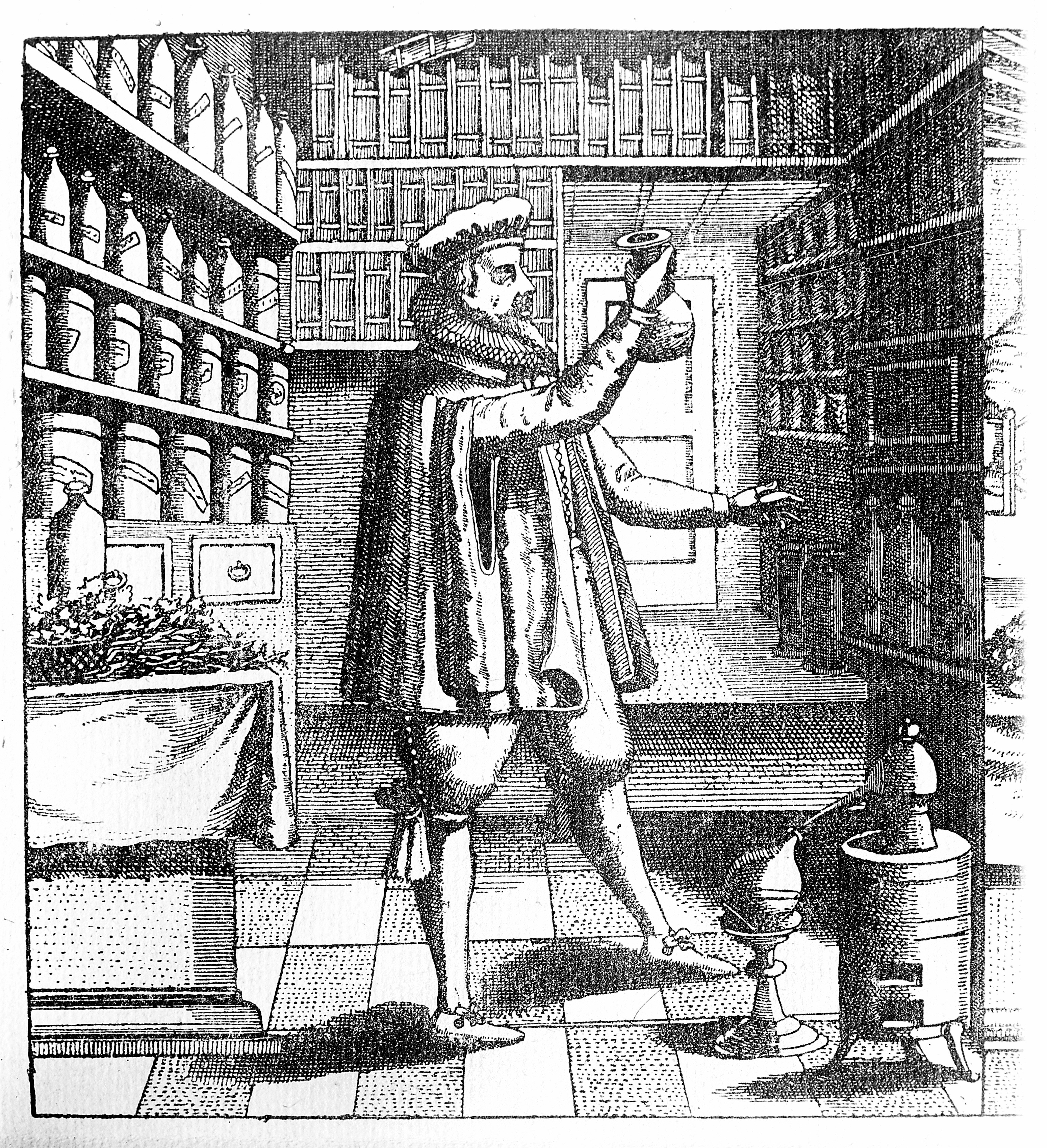 M0007386 Laboratory and library of an apothecary
